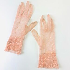 Vintage pink lace gloves Womens sheer ruched wrist length gloves Medium 60s 50s